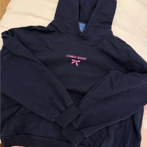 LONELY GHOST Navy Hoodie with Pink Bow
